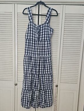 Who What Wear Navy and White Gingham Tie-Front Maxi Dress